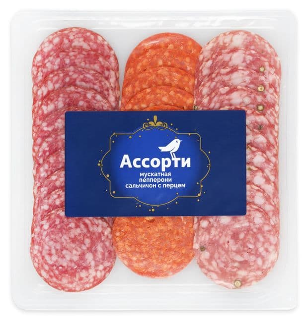 Набор Колбаса сырокопченая АШАН Золотая птица Premium Ассорти Мускатная Пепперони Сальчичон с перцем нарезка